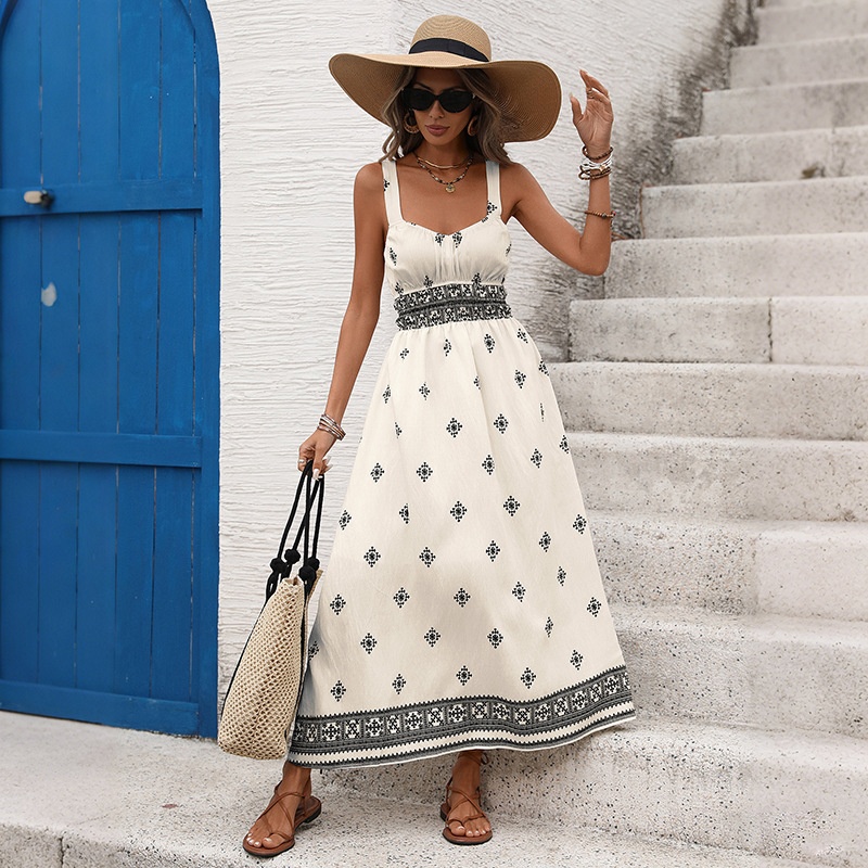 Abito midi con stampa boho e vita arricciata - Bianco sporco