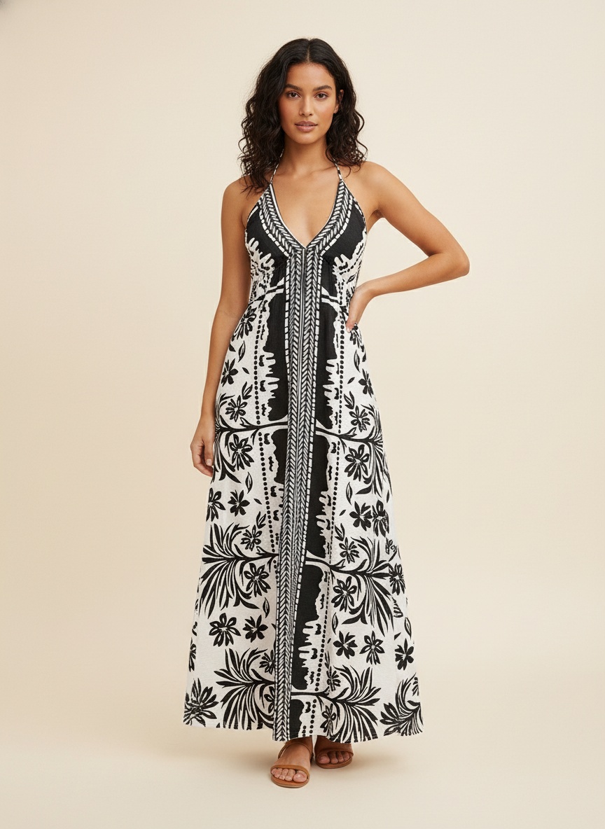 Robe longue bohème à col halter et imprimé floral noir et blanc