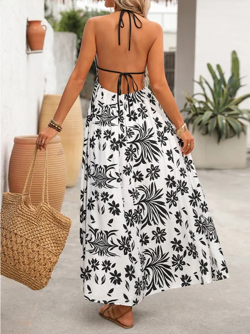 black and white floral halter dress Floral Halter Dress Y2K Black White Rose Print Tulle Hem Backless Midi Polyester Romantic Vintage Summer Party Chic Trendy Large L 12