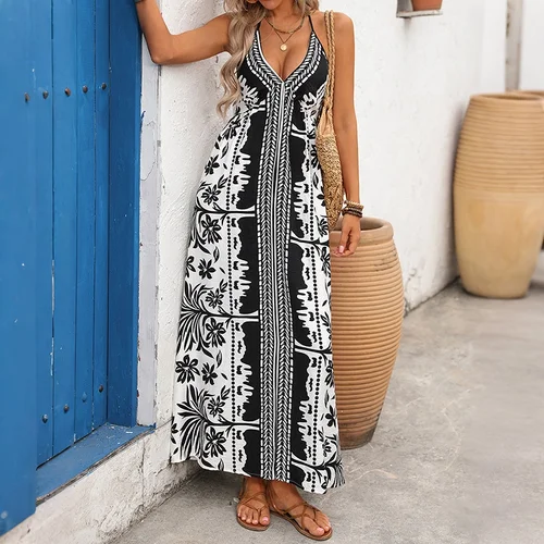 black and white halter neck maxi dress Striped Tie Halter Maxi Dress