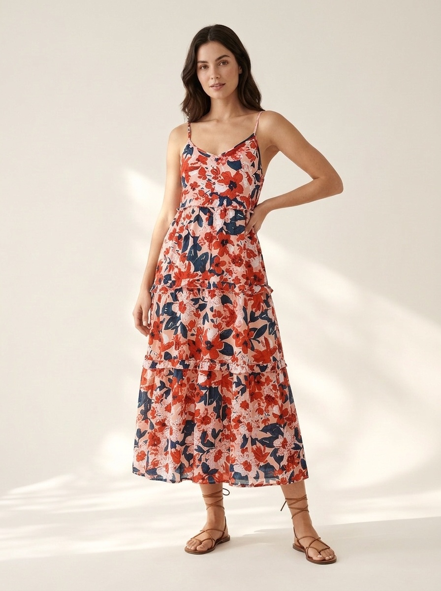 Robe midi fleurie à volants pour femme - Bretelles spaghetti d'été