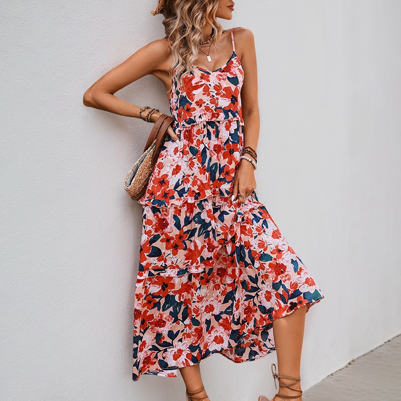 Robe midi fleurie à volants pour femme - Bretelles spaghetti d'été