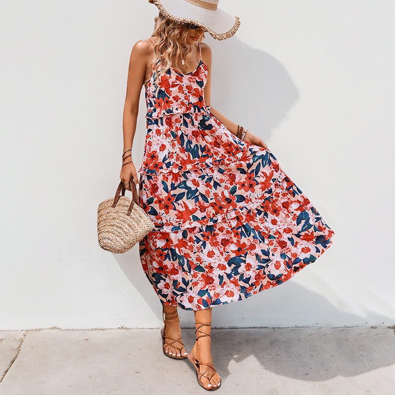 Robe midi fleurie à volants pour femme - Bretelles spaghetti d'été