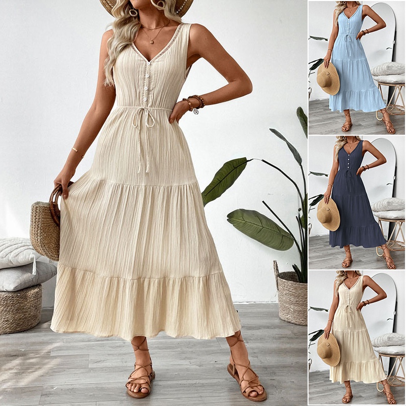 Robe longue sans manches à col en V et à volants