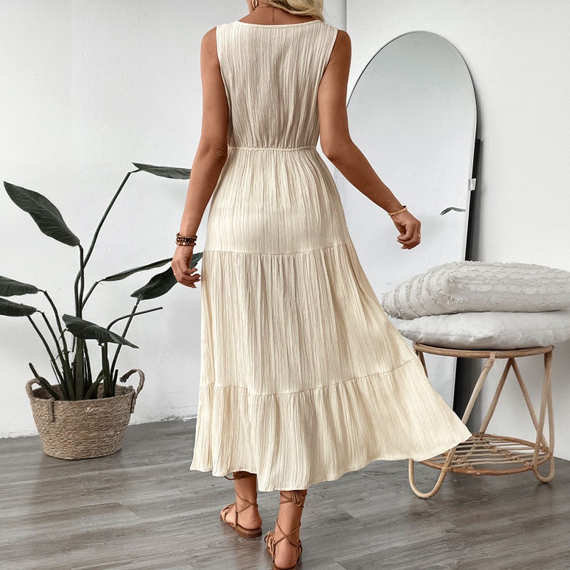 Robe longue sans manches à col en V et à volants