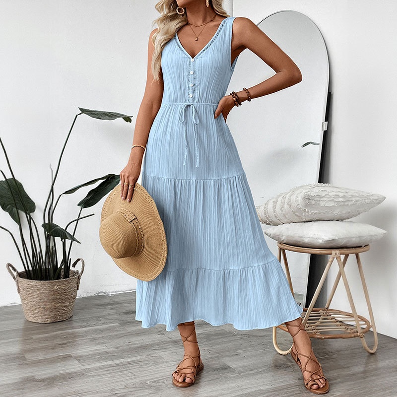 Robe longue sans manches à col en V et à volants