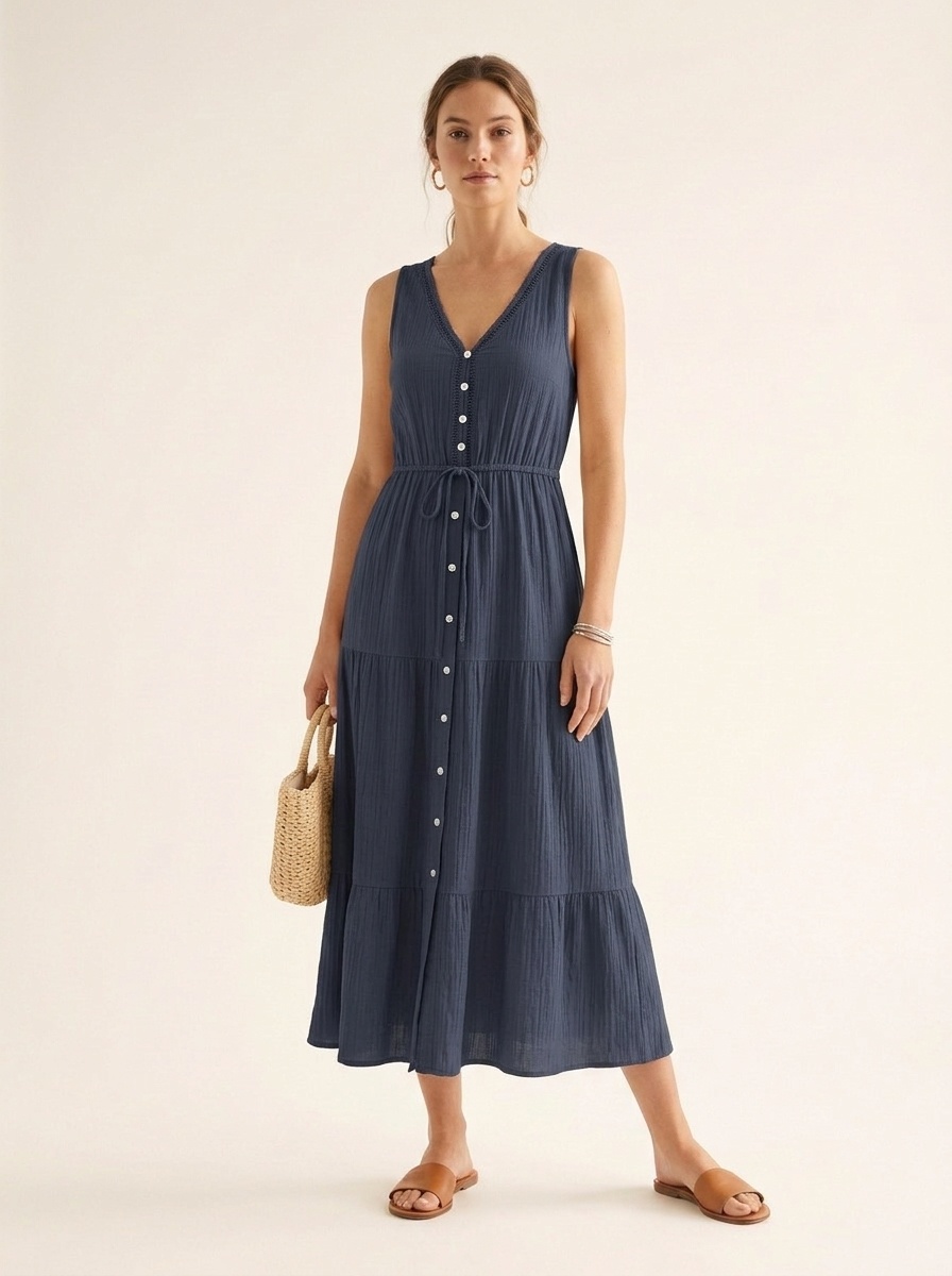 Robe longue sans manches à col en V et à volants