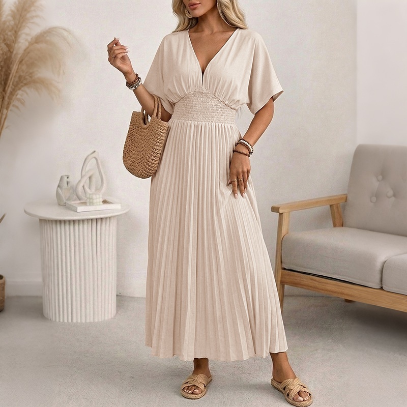 Elegant Pleated V-Neck Maxi Dress with Shirred Waist