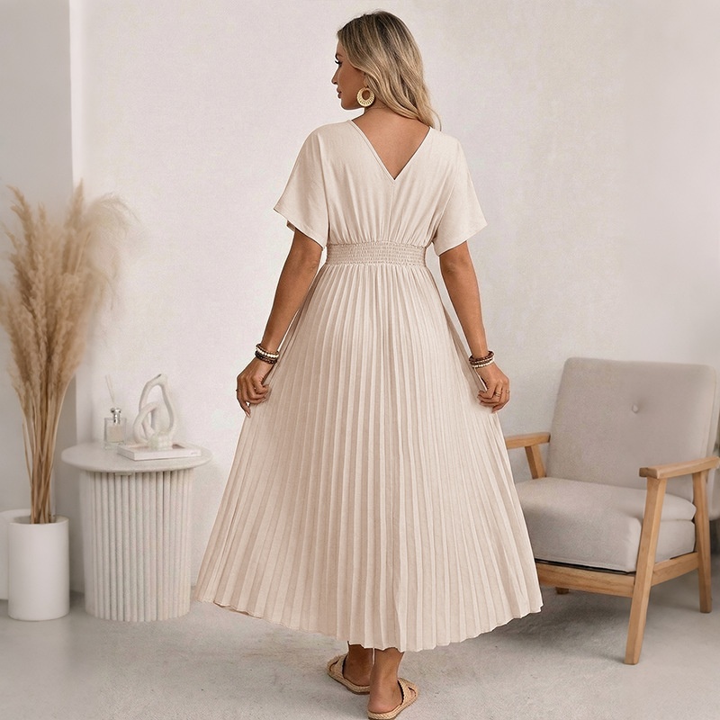 Elegant Pleated V-Neck Maxi Dress with Shirred Waist