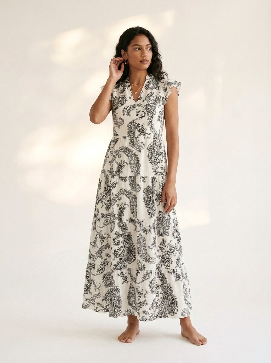 Paisley Print V-Neck Tiered Maxi Dress - Boho Summer Style