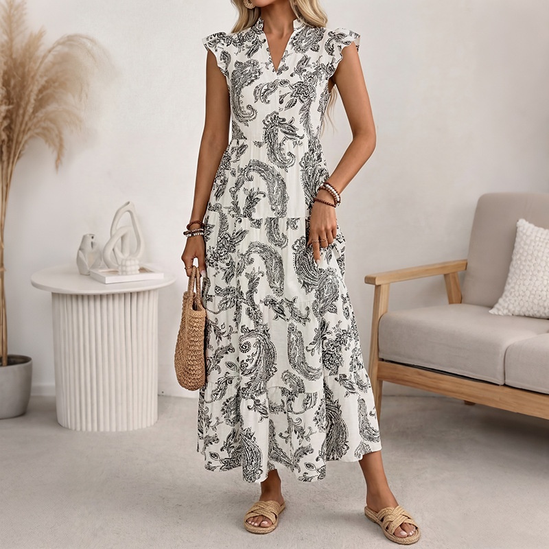 Paisley Print V-Neck Tiered Maxi Dress - Boho Summer Style