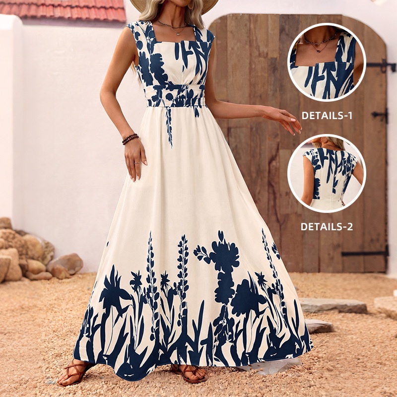 Robe longue sans manches à imprimé floral et col carré pour femme