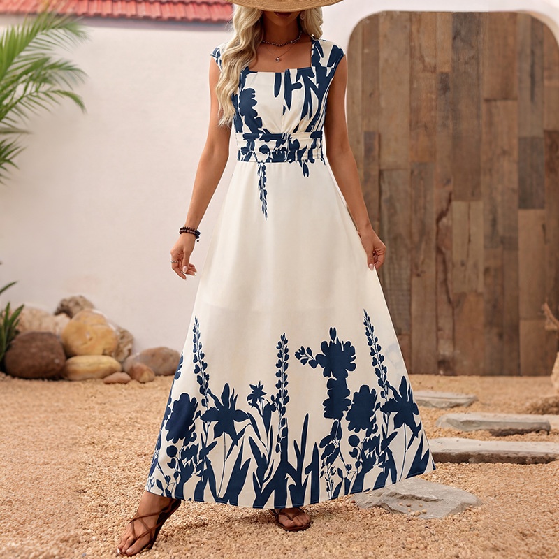 Robe longue sans manches à imprimé floral et col carré pour femme