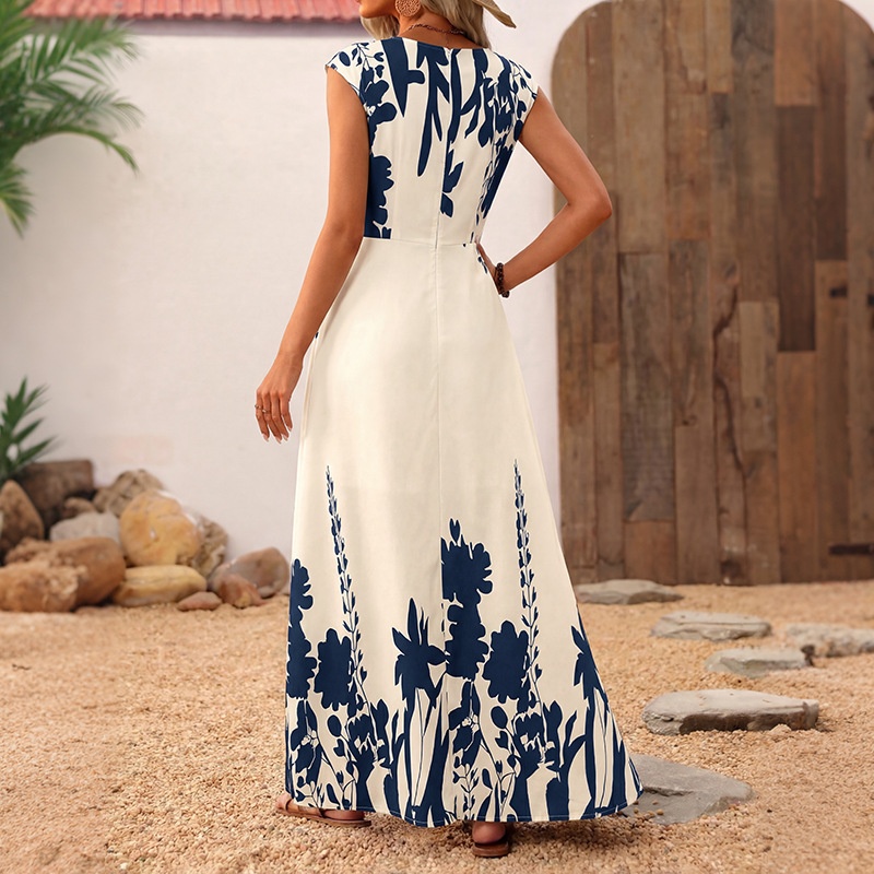 Robe longue sans manches à imprimé floral et col carré pour femme