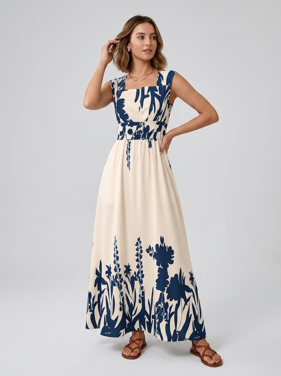 Robe longue sans manches à imprimé floral et col carré pour femme