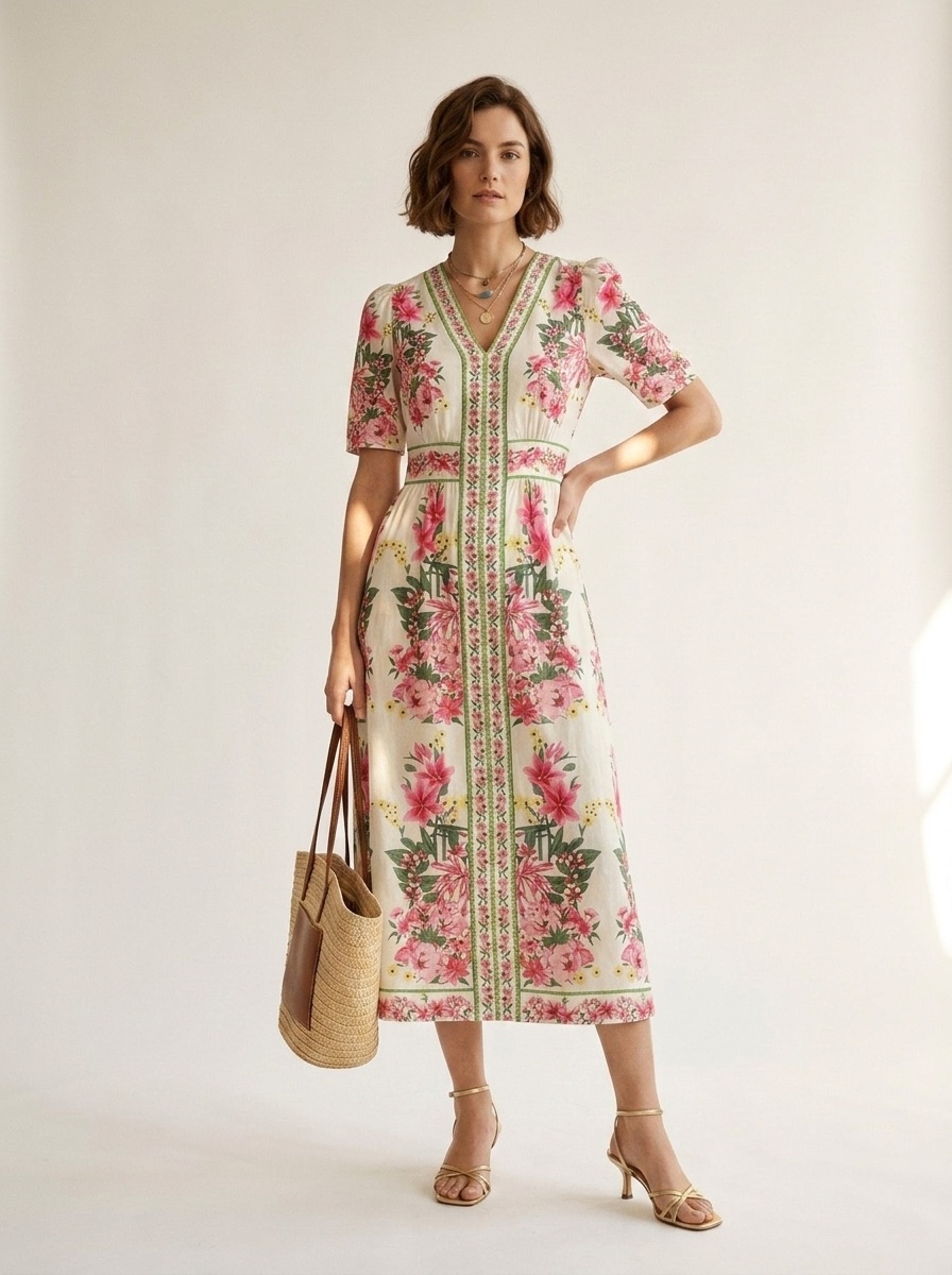 Robe midi élégante à col en V et manches bouffantes, ornée d'un imprimé floral