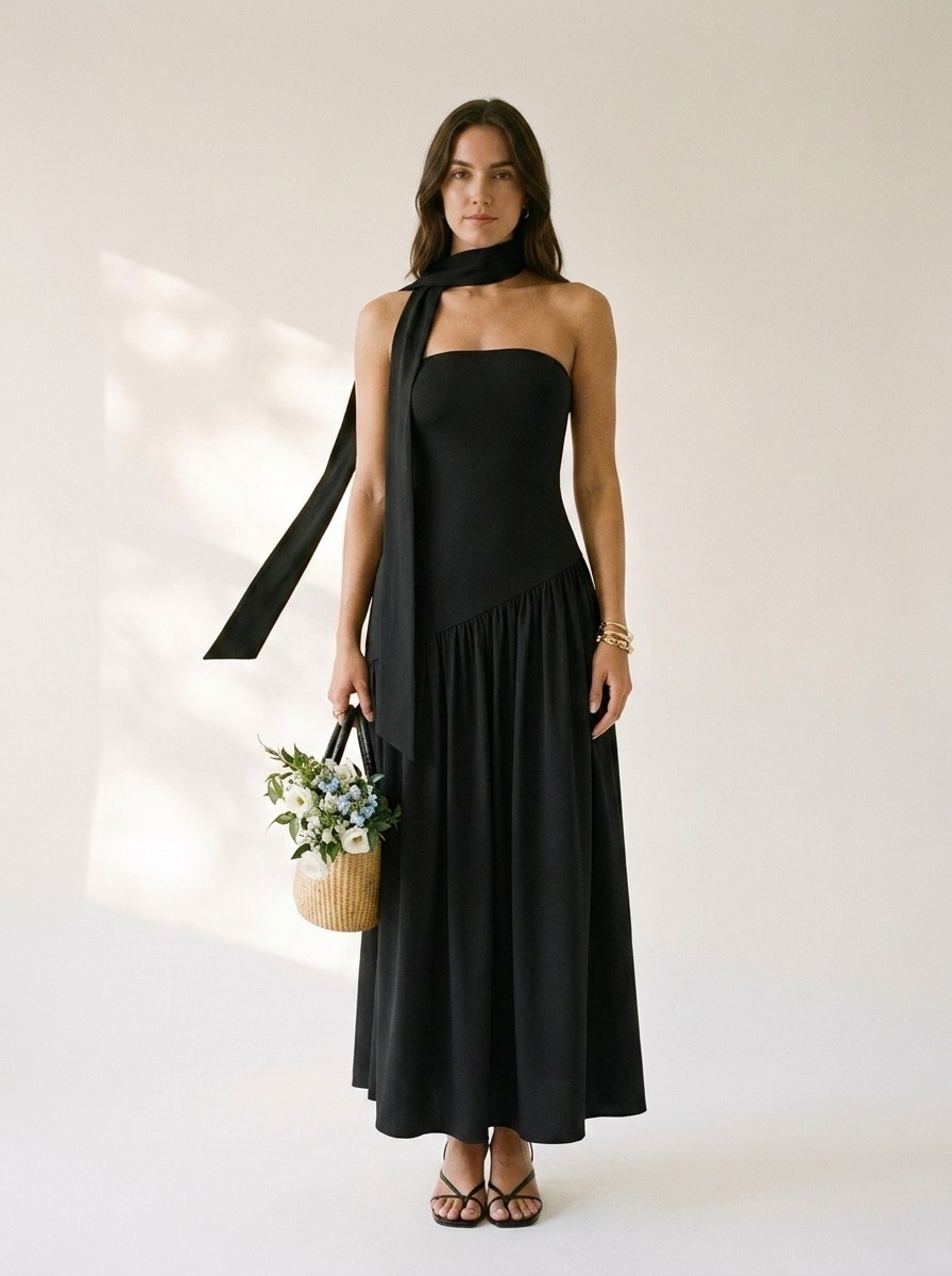 Elegante vestido largo negro sin tirantes con detalle de pañuelo.