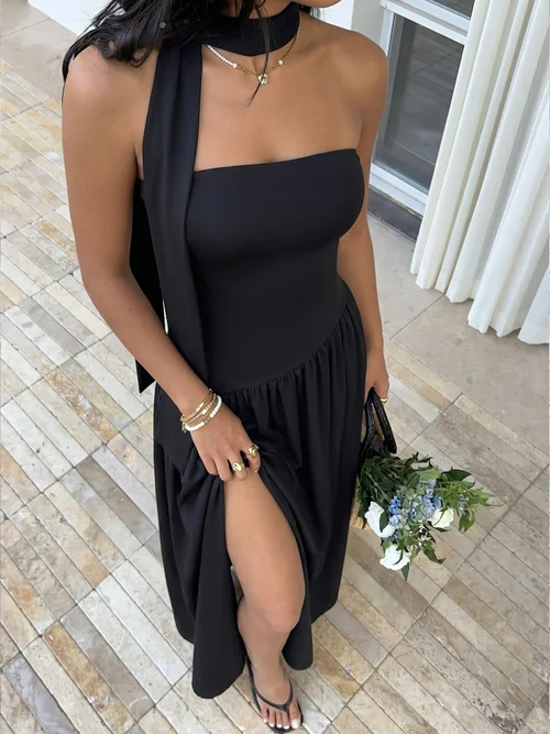 black strapless dress with scarf Black Strapless Maxi Dress and Scarf Set | Womens | Medium (Available in XXS, XS, S, L, XL) | 100% Polyester