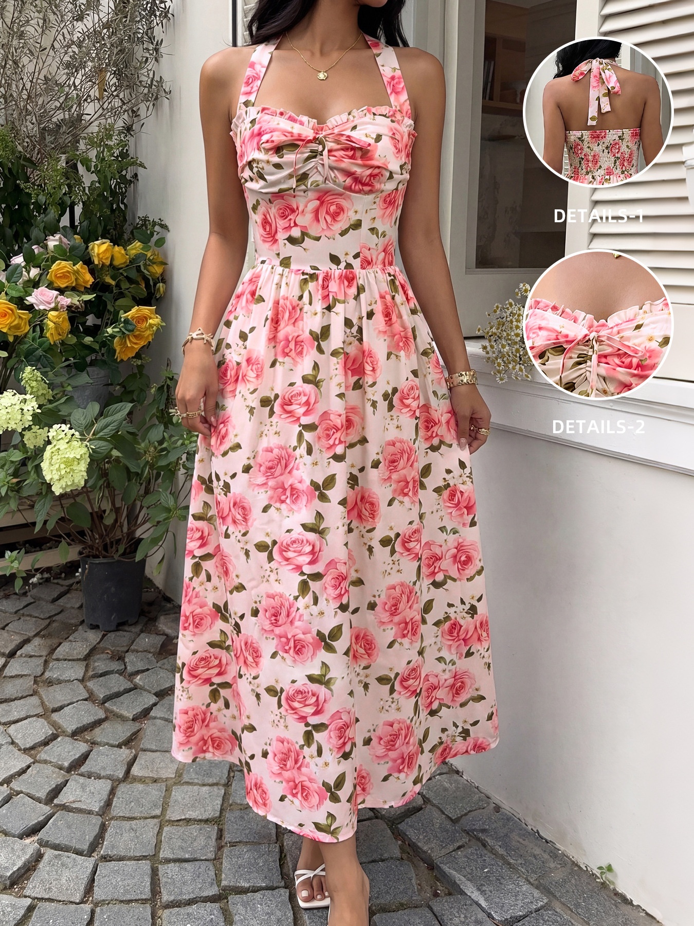 Robe midi dos nu à imprimé floral rose - Rose