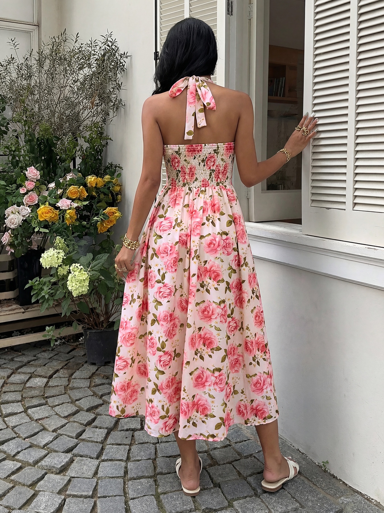 Robe midi dos nu à imprimé floral rose - Rose