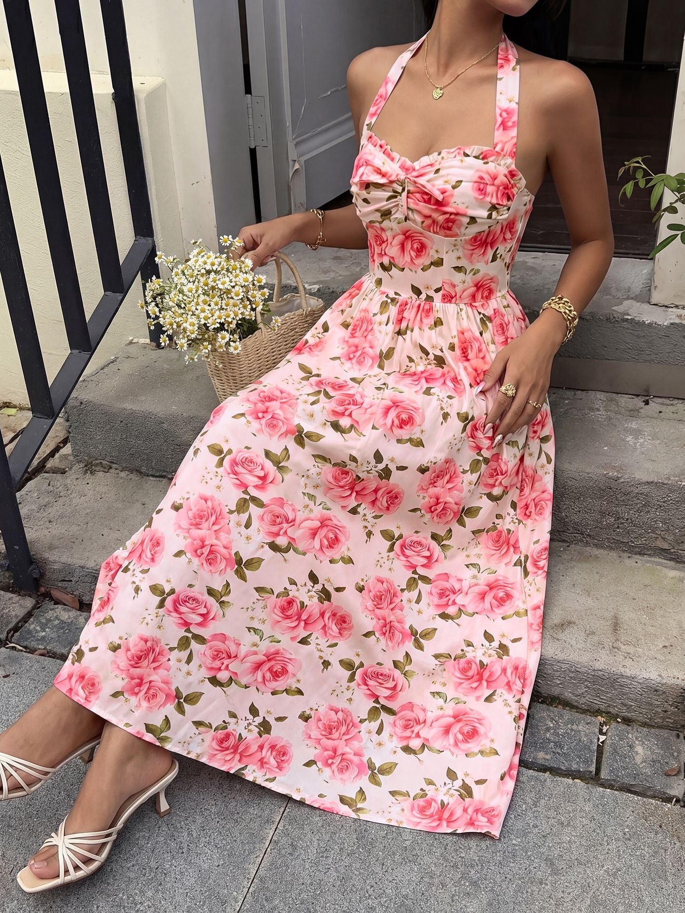 Robe midi dos nu à imprimé floral rose - Rose