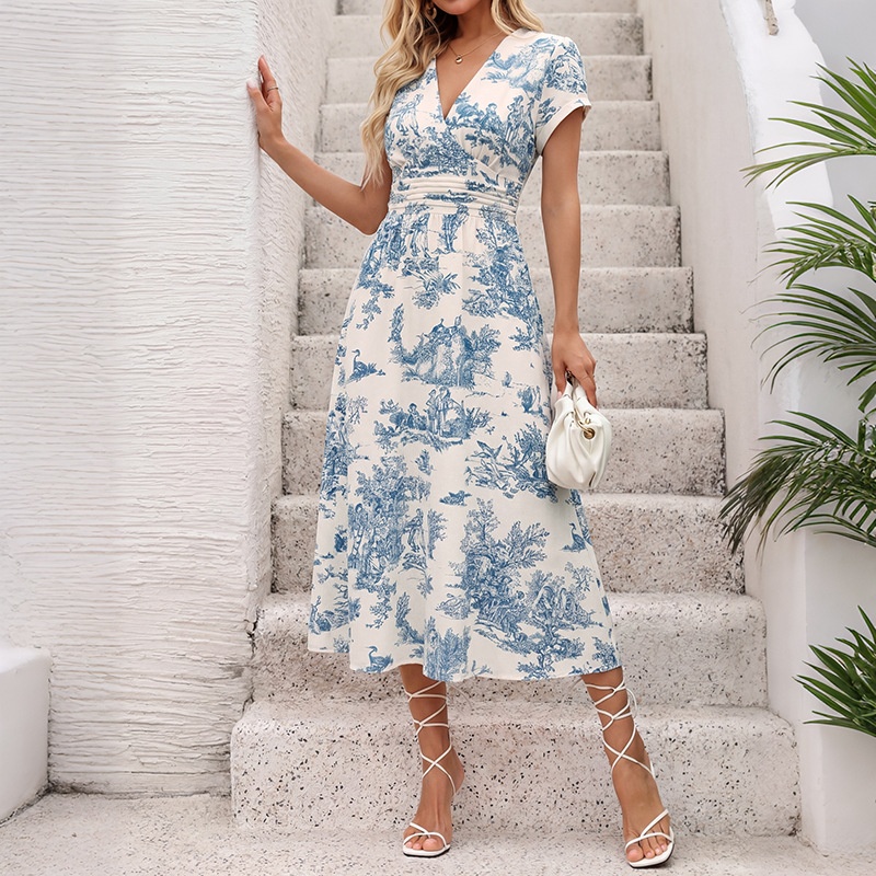 Toile Print V-Neck Midi Dress with Short Sleeves