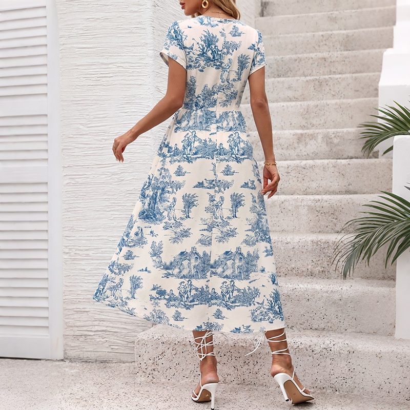 Toile Print V-Neck Midi Dress with Short Sleeves