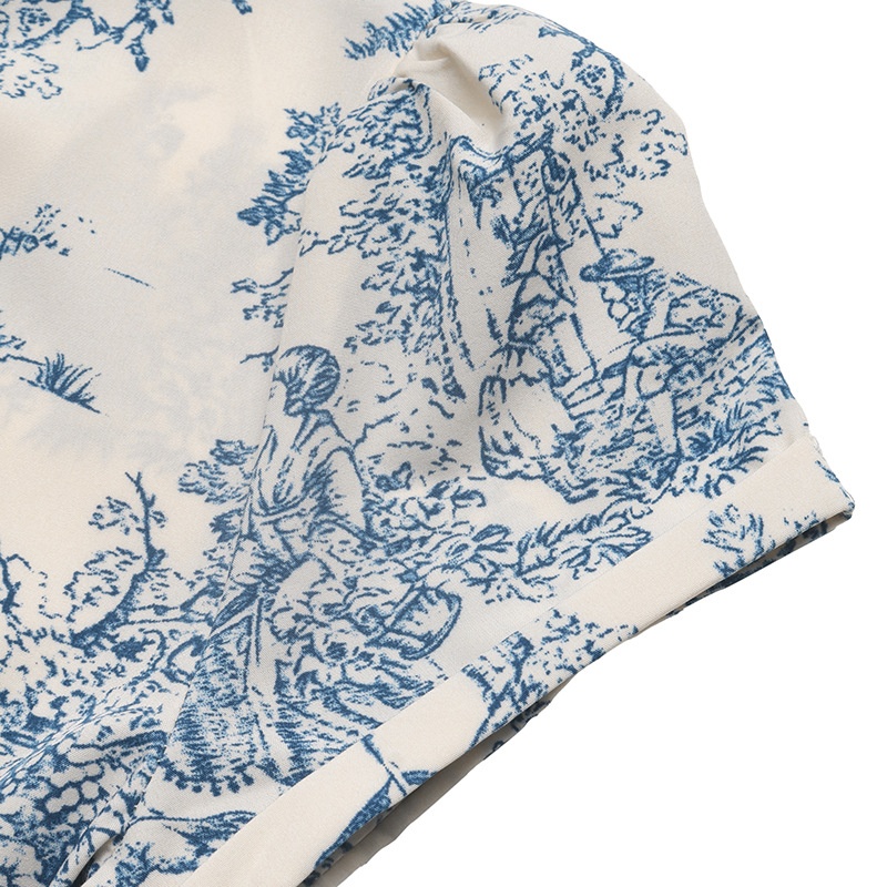 Toile Print V-Neck Midi Dress with Short Sleeves