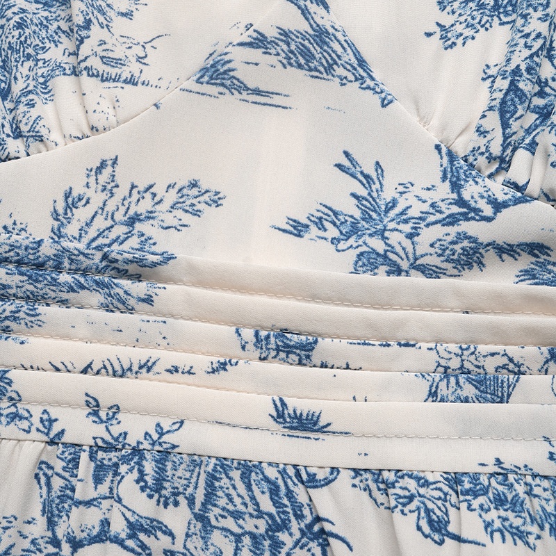 Toile Print V-Neck Midi Dress with Short Sleeves