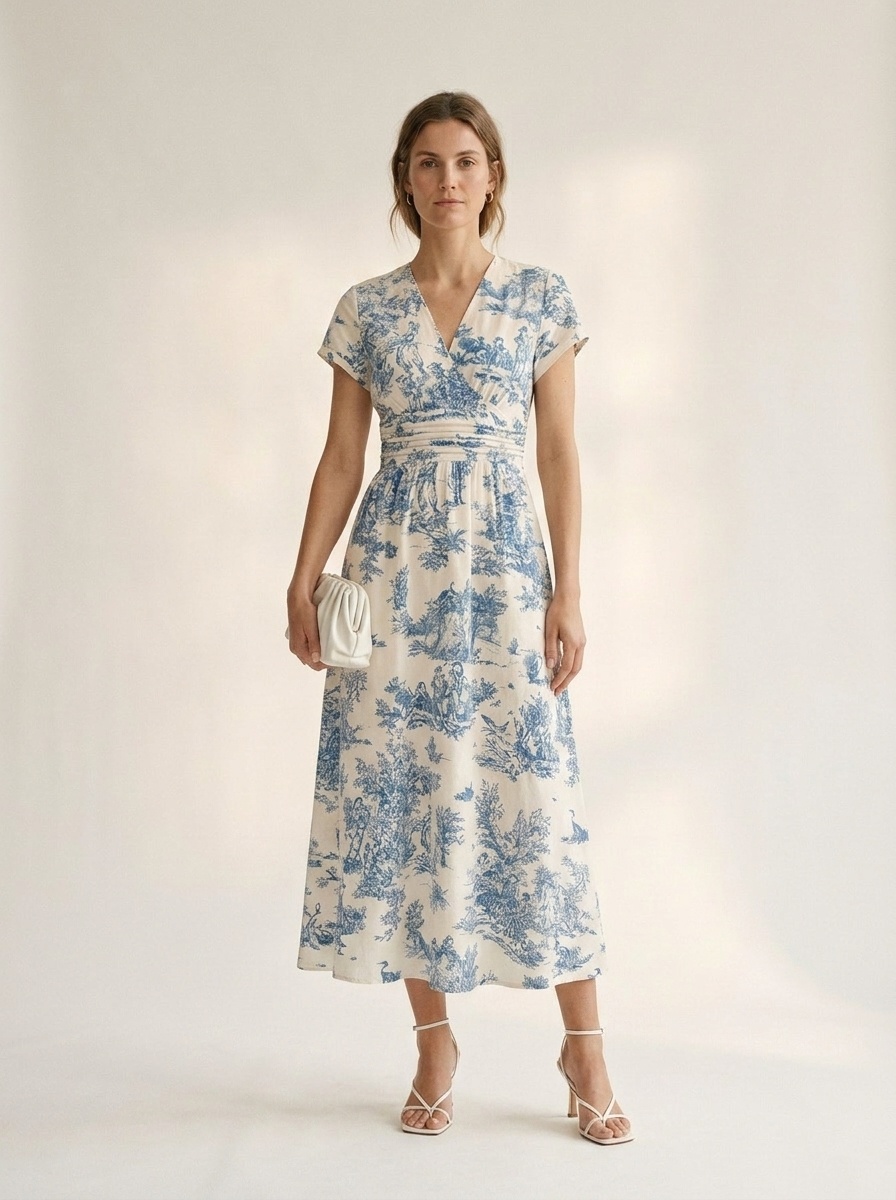 Toile Print V-Neck Midi Dress with Short Sleeves