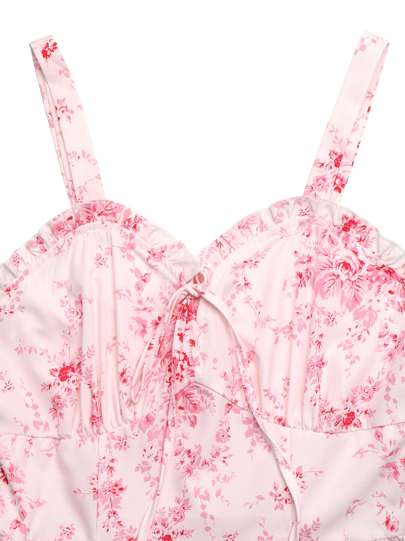 Vestido midi rosa con volantes y lazo frontal con estampado floral