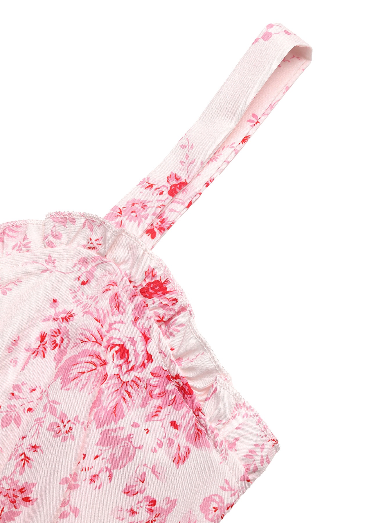 Vestido midi rosa con volantes y lazo frontal con estampado floral