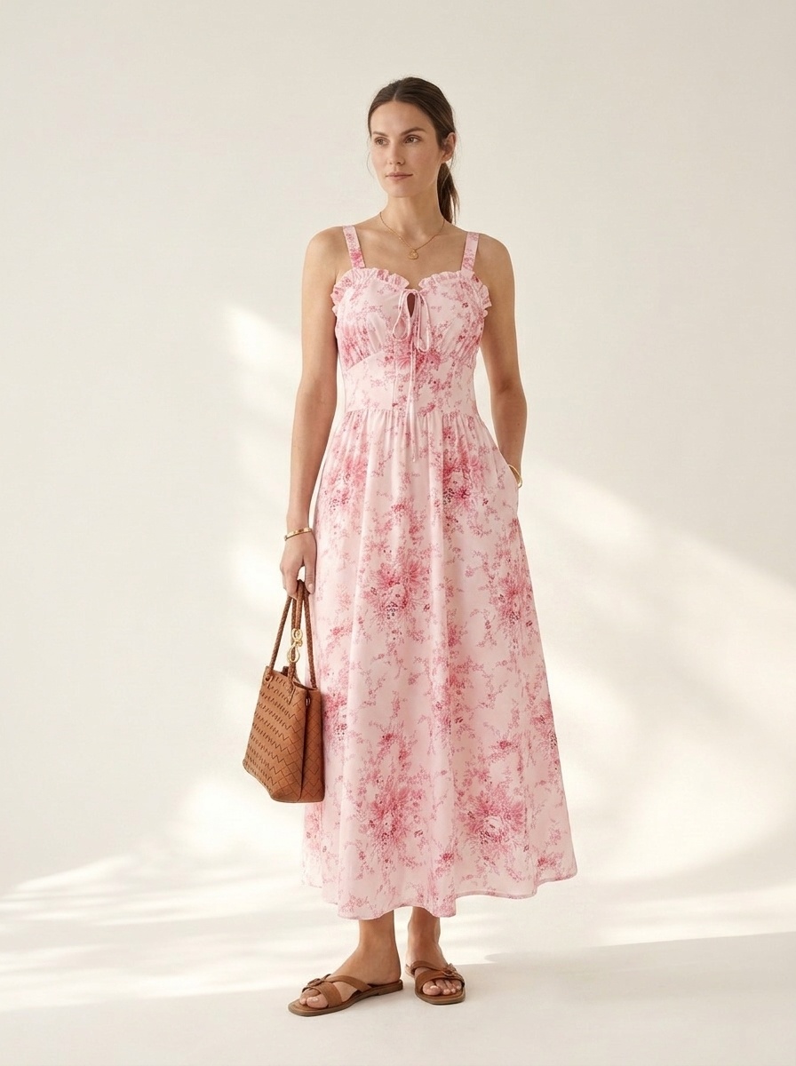 Vestido midi rosa con volantes y lazo frontal con estampado floral