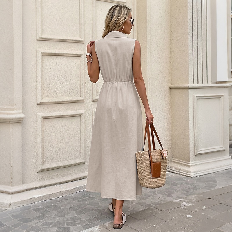 Robe midi sans manches à col boutonné sur le devant et liens