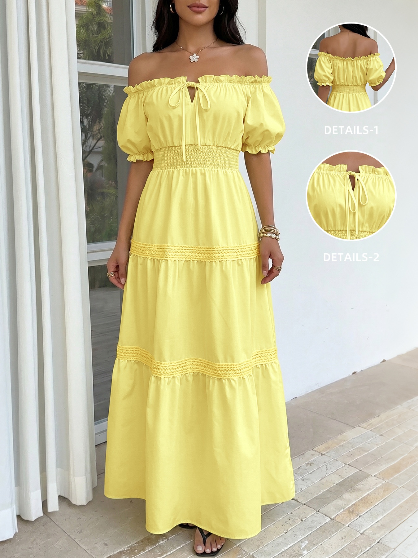 Robe longue à volants et épaules dénudées pour femme - Jaune