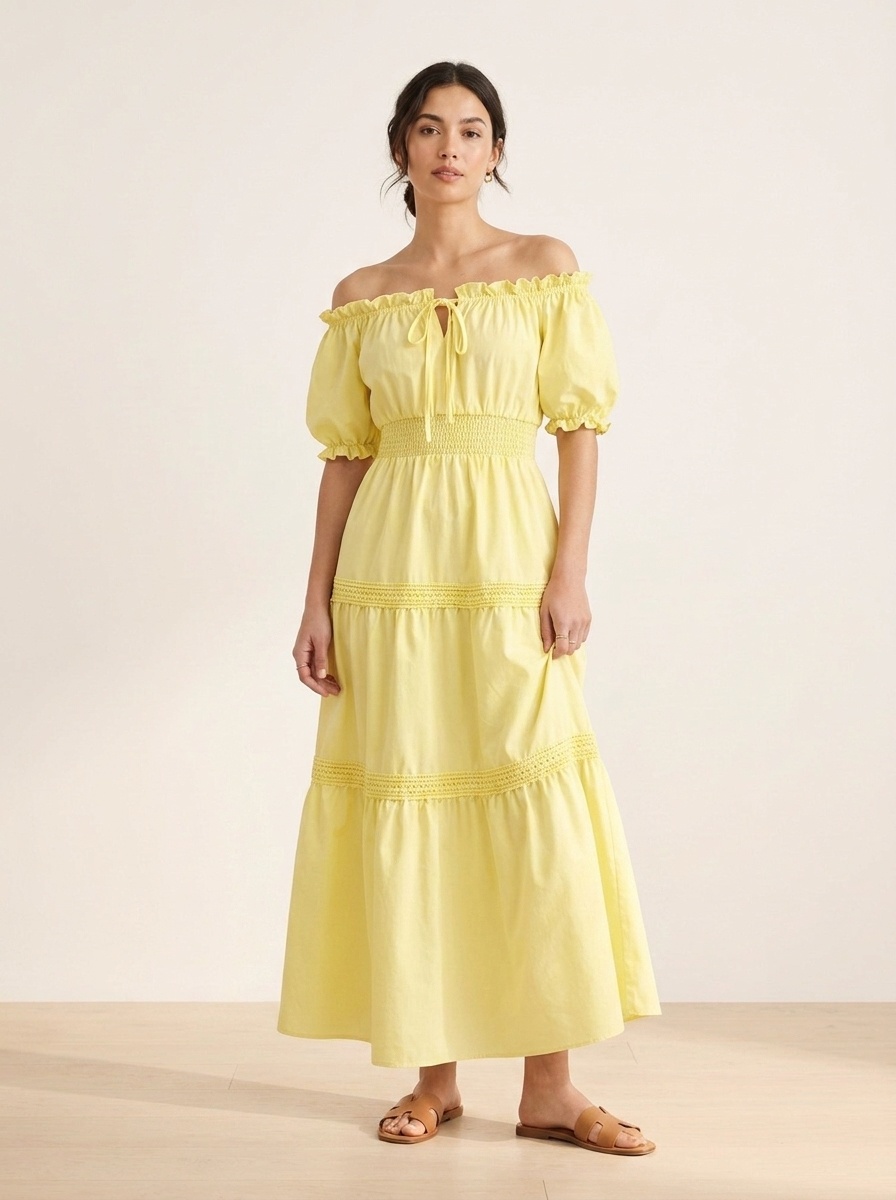 Robe longue à volants et épaules dénudées pour femme - Jaune