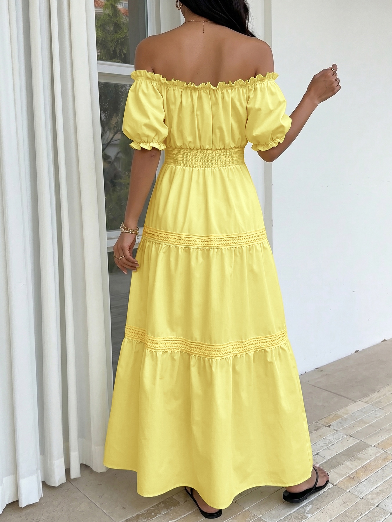 Robe longue à volants et épaules dénudées pour femme - Jaune