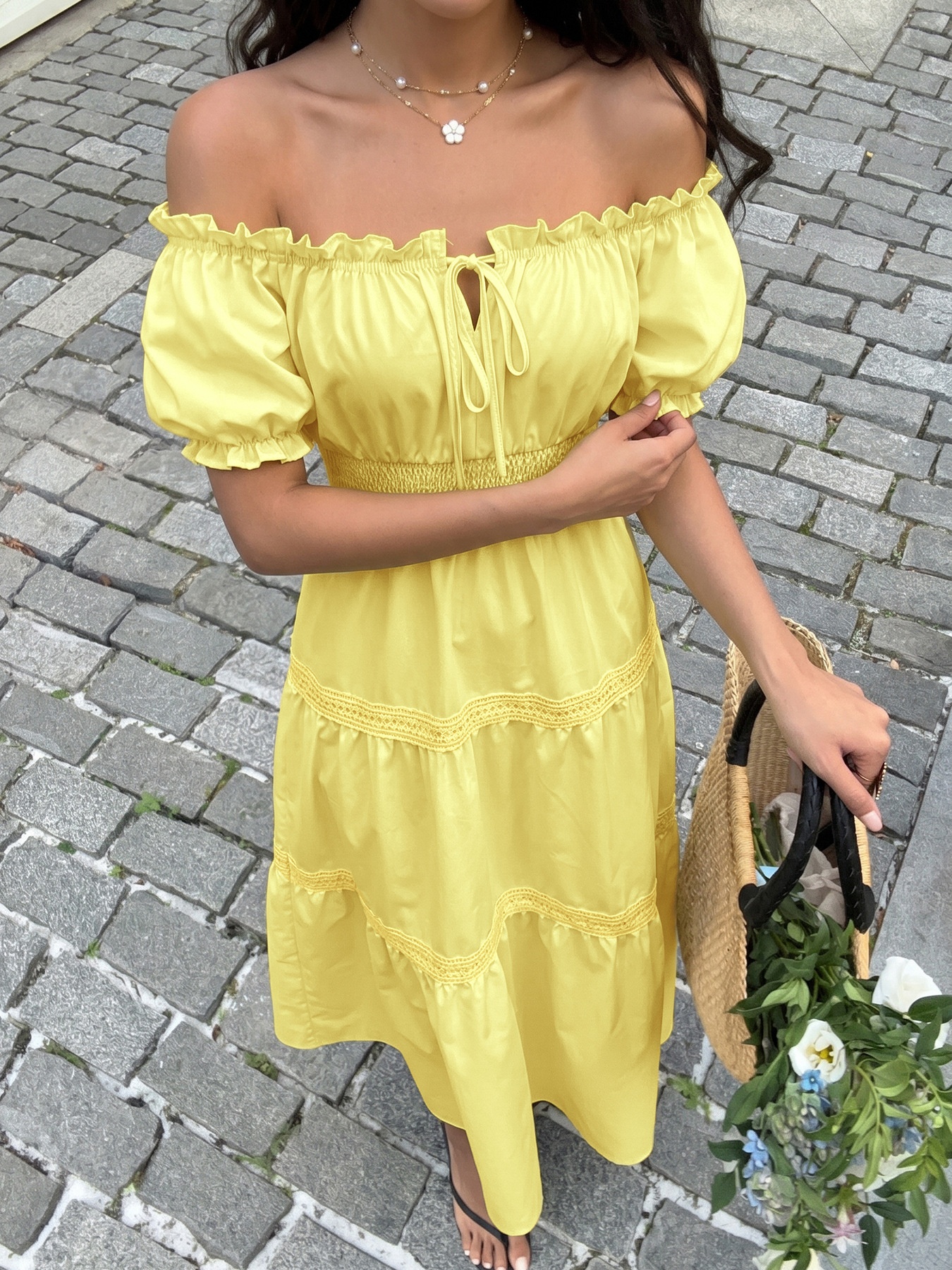 Robe longue à volants et épaules dénudées pour femme - Jaune