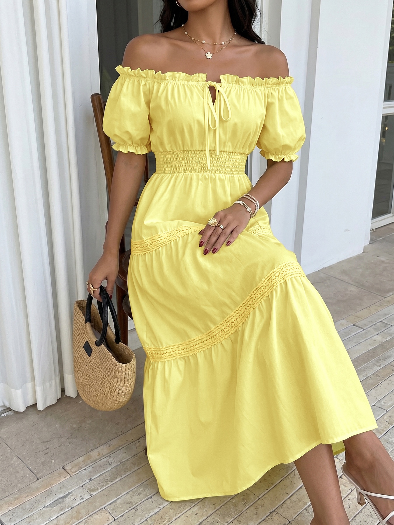 Robe longue à volants et épaules dénudées pour femme - Jaune