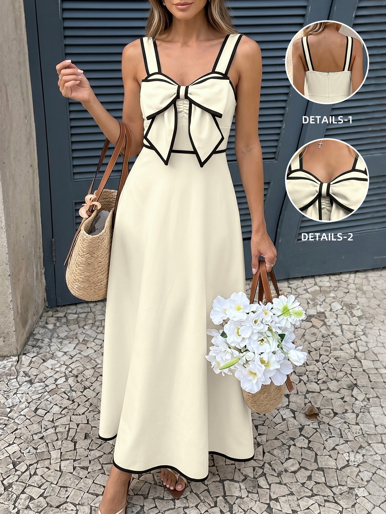 Elegante abito midi con fiocco sul davanti e profili a contrasto.