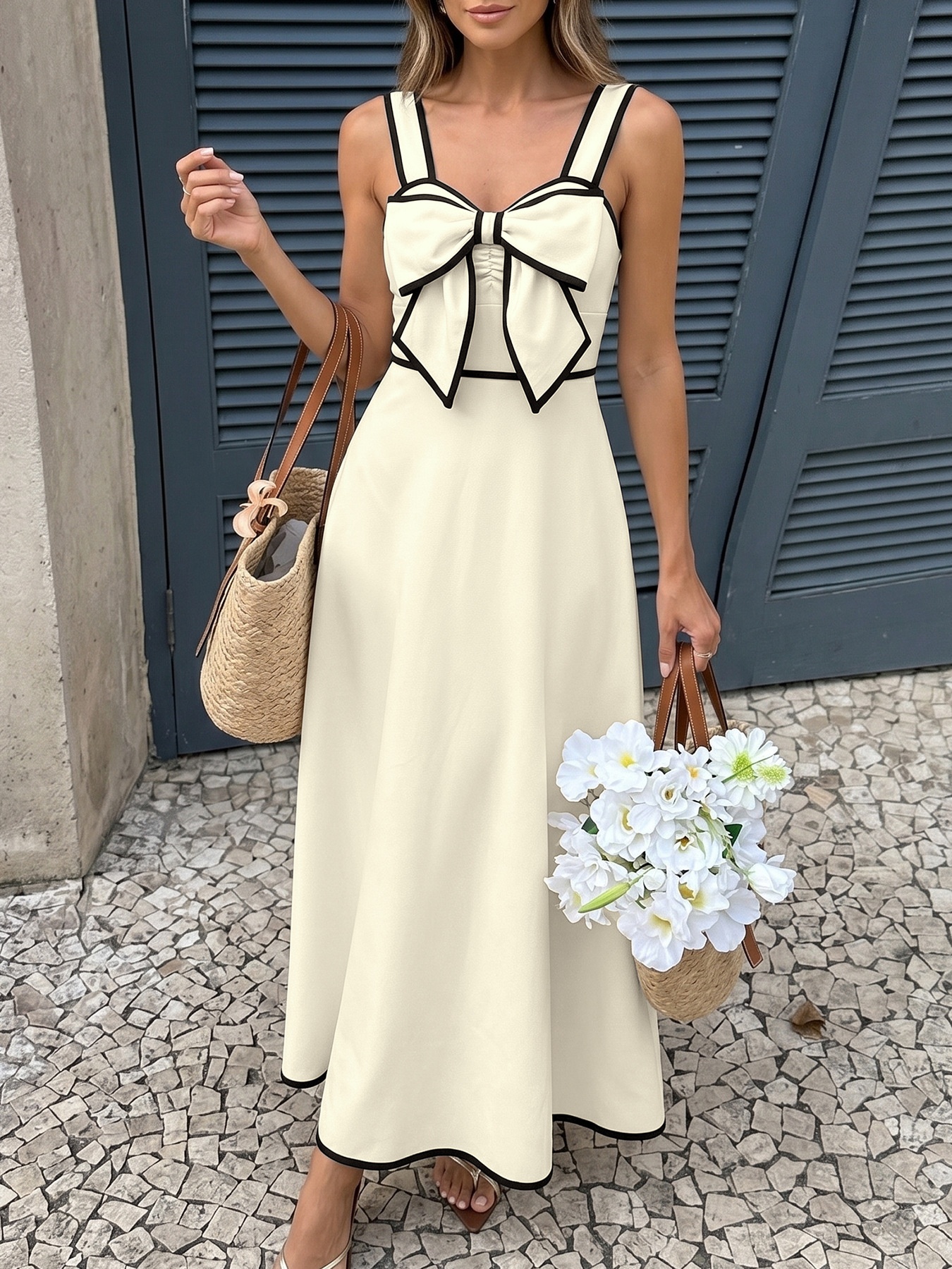 Elegante abito midi con fiocco sul davanti e profili a contrasto.