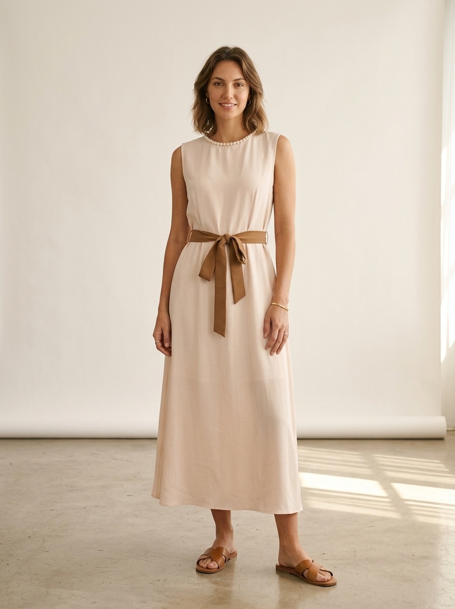 Abito midi beige senza maniche con cintura e rifiniture in perle.