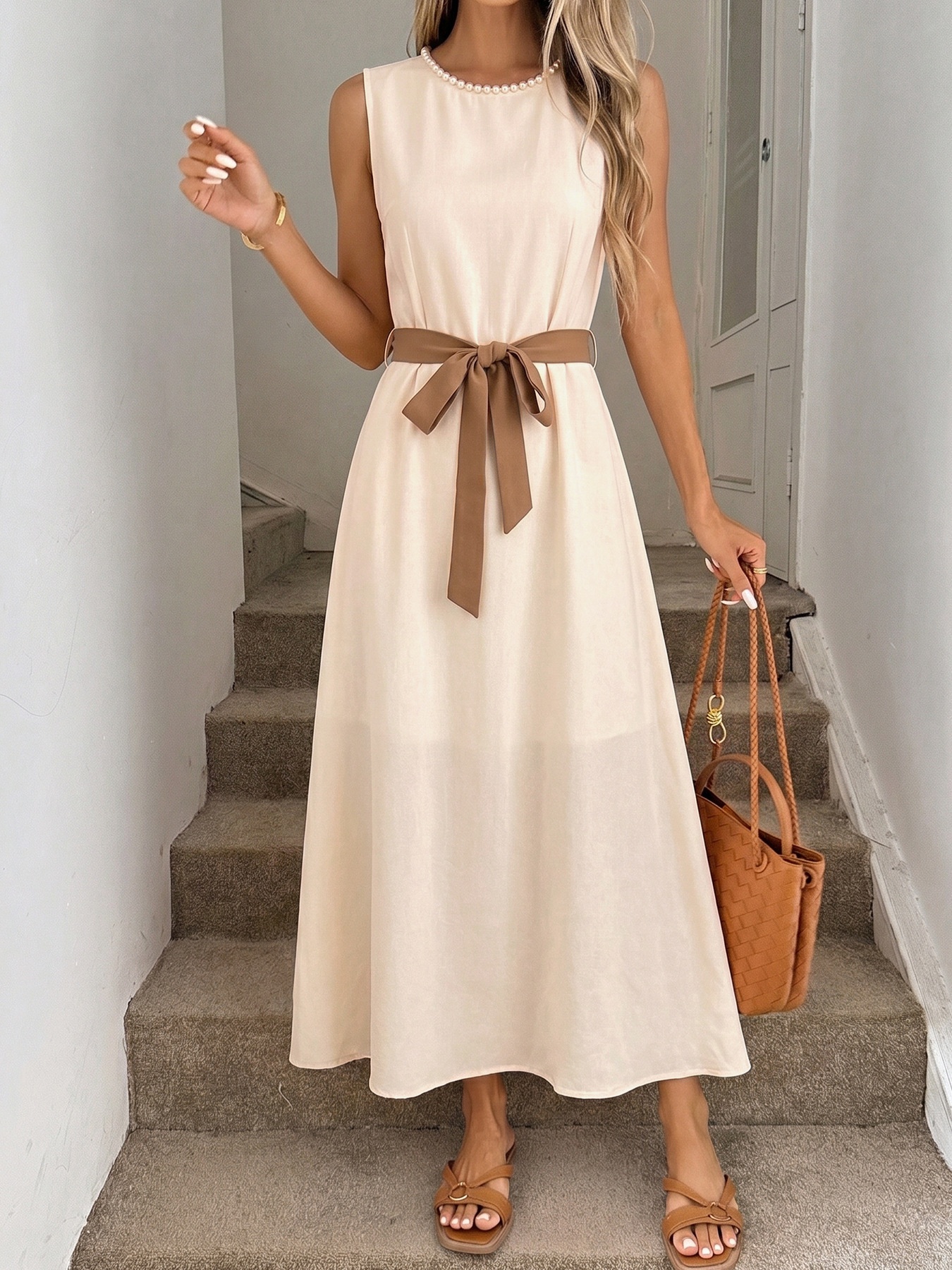 Abito midi beige senza maniche con cintura e rifiniture in perle.
