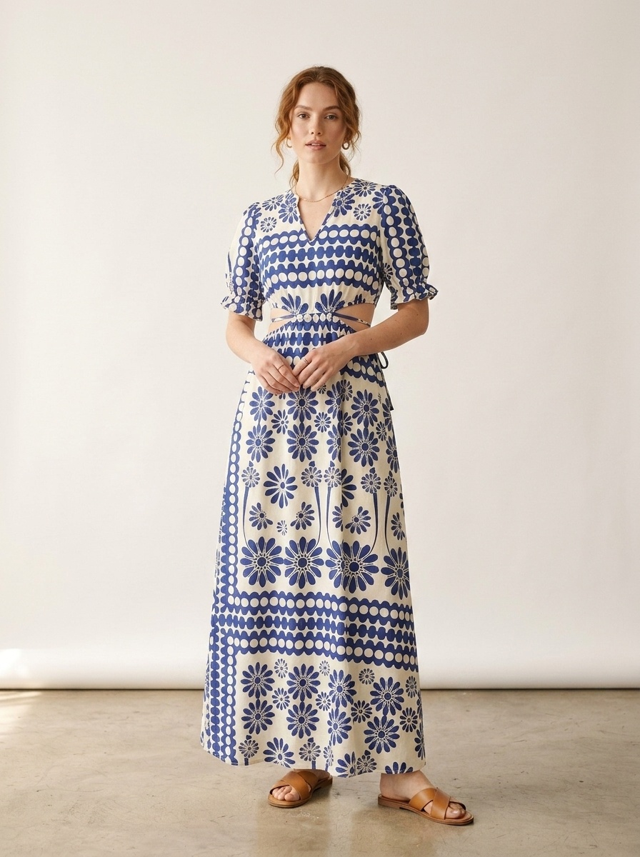 Abito lungo Boho floreale e a pois