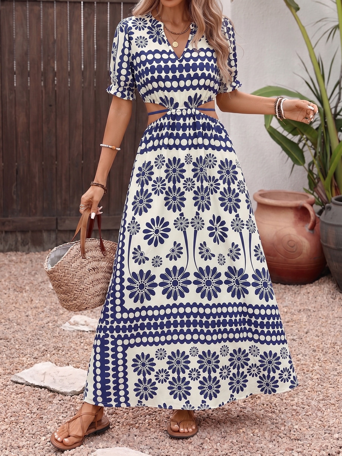 Abito lungo Boho floreale e a pois