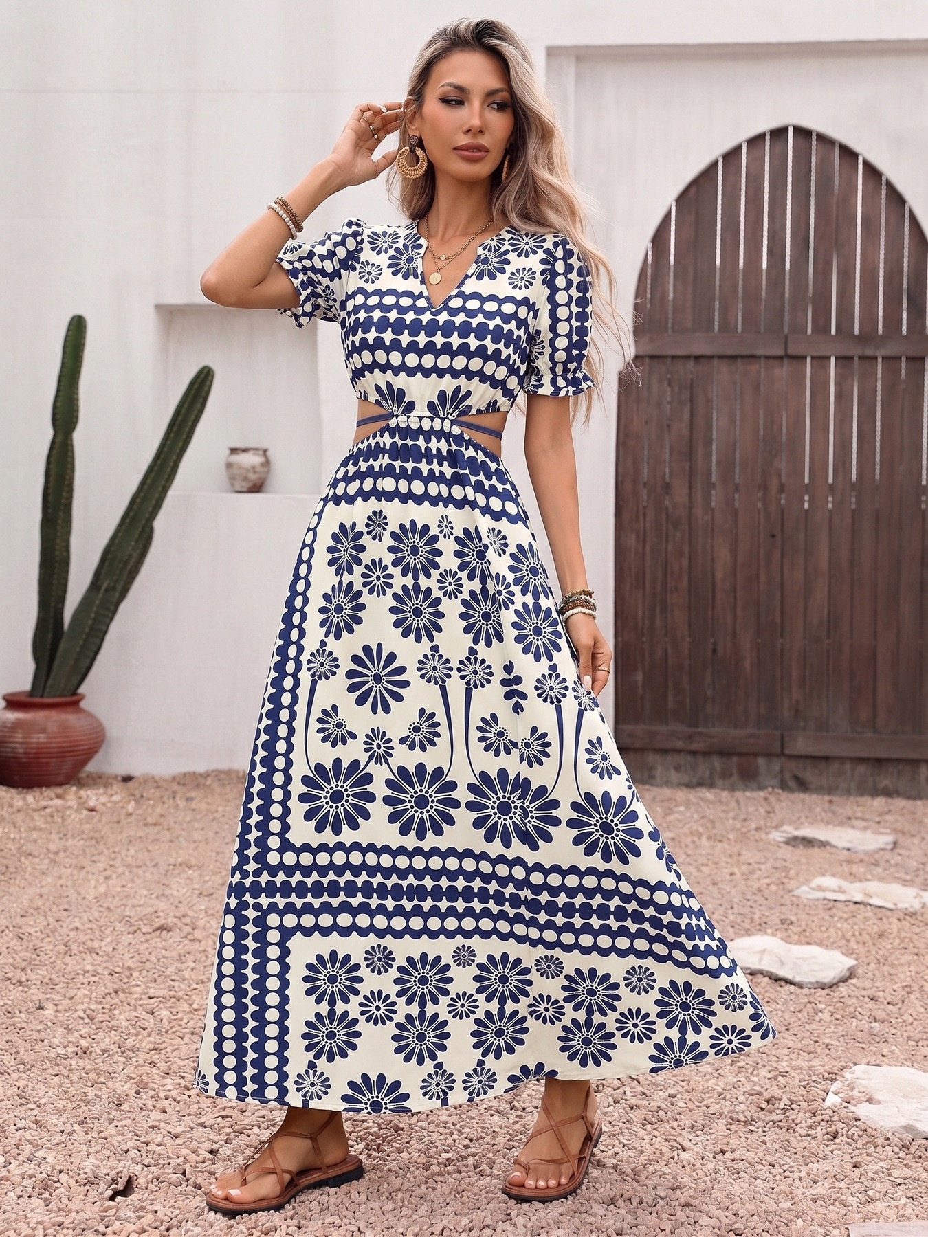 Abito lungo Boho floreale e a pois