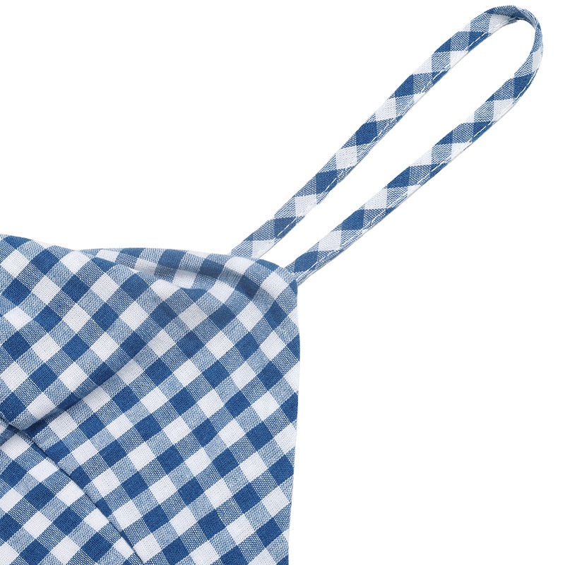 Abito midi a quadri blu con spalline sottili e scollo a cuore