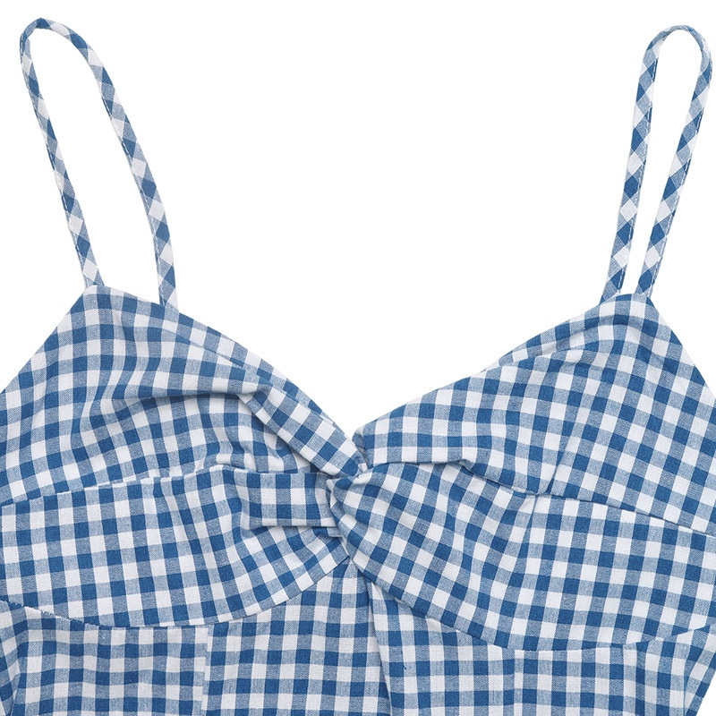 Abito midi a quadri blu con spalline sottili e scollo a cuore