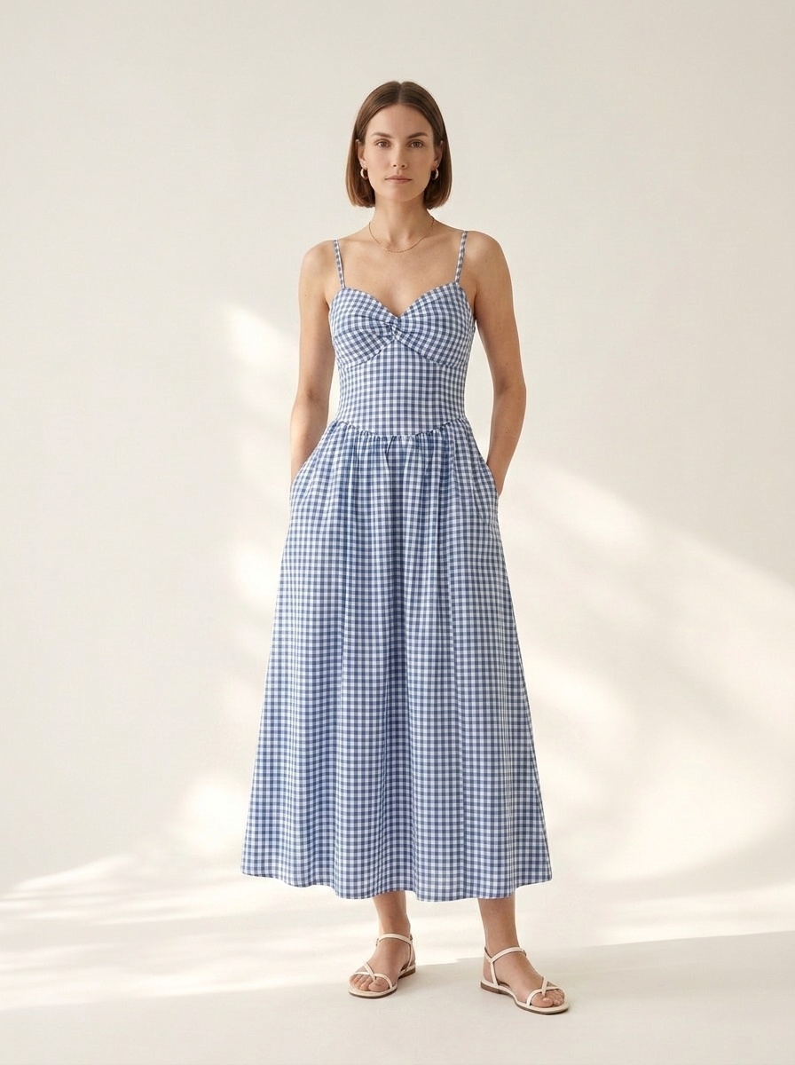 Abito midi a quadri blu con spalline sottili e scollo a cuore