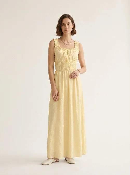 ruffle front tie maxi dress in yellow Inara - US 8 Ruffle Front Tie Maxi Dress in Yellow Yellow Ruffle Strap Tie Front